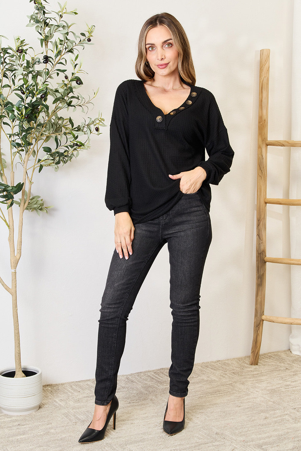 Zenana Buttoned Long Sleeve Blouse - Classique Collection