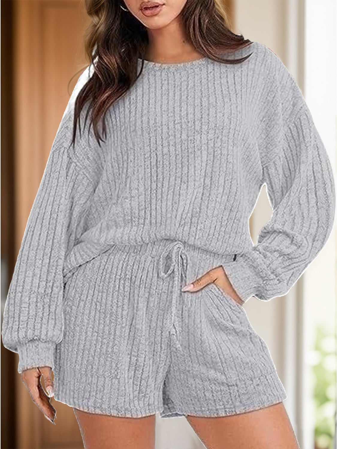 Round Neck Dropped Shoulder Top and Shorts Set - ClassiQ