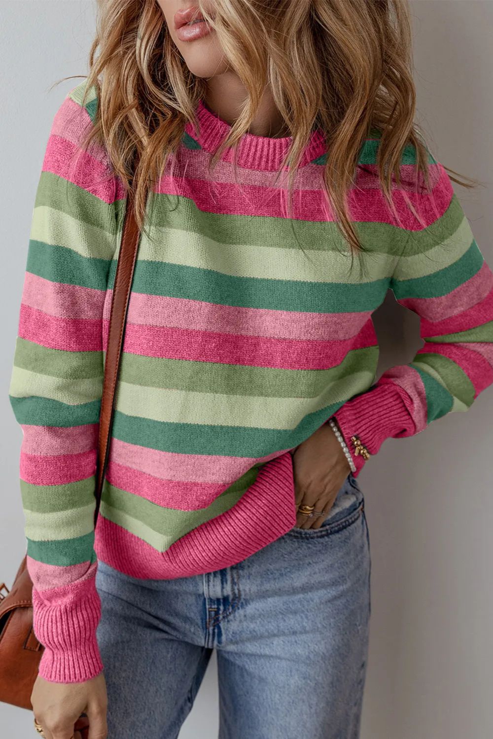 Striped Round Neck Long Sleeve Sweater - ClassiQ