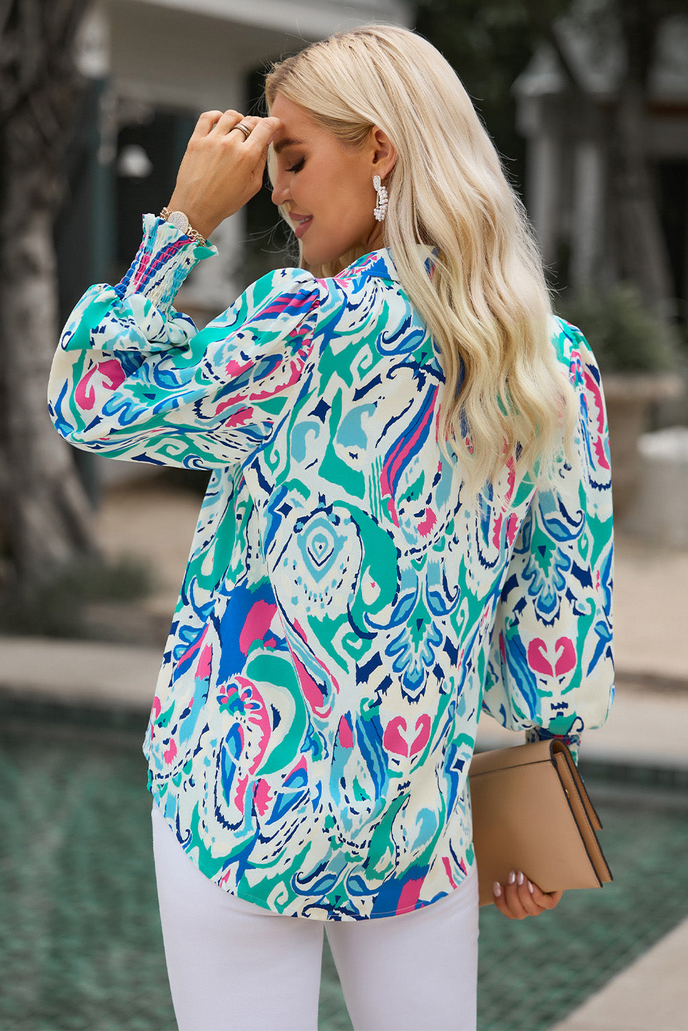 Printed Puff Sleeve Collared Blouse - ClassiQ