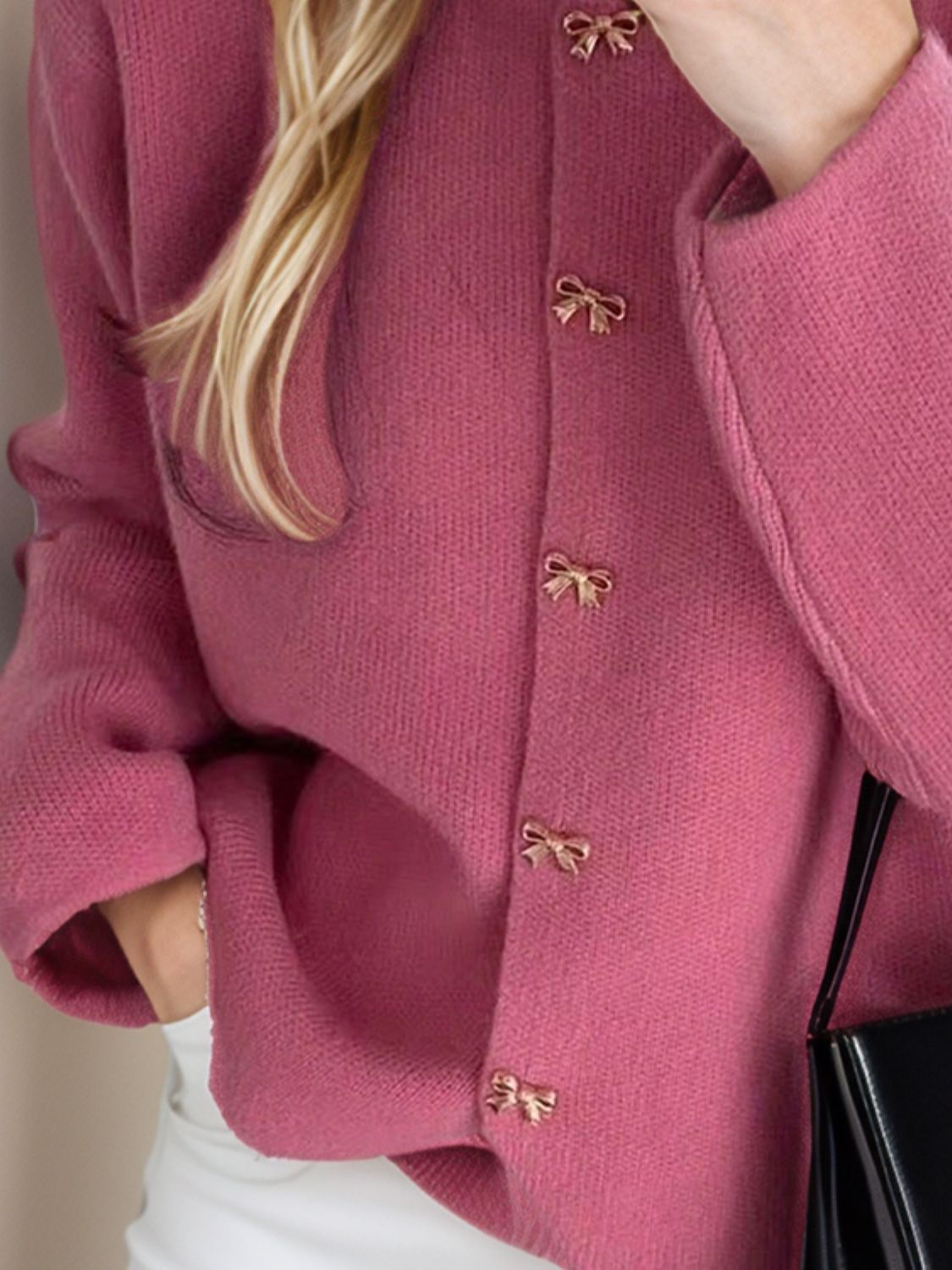 Bow Button Down Round Neck Long Sleeve Cardigan - Classique Collection