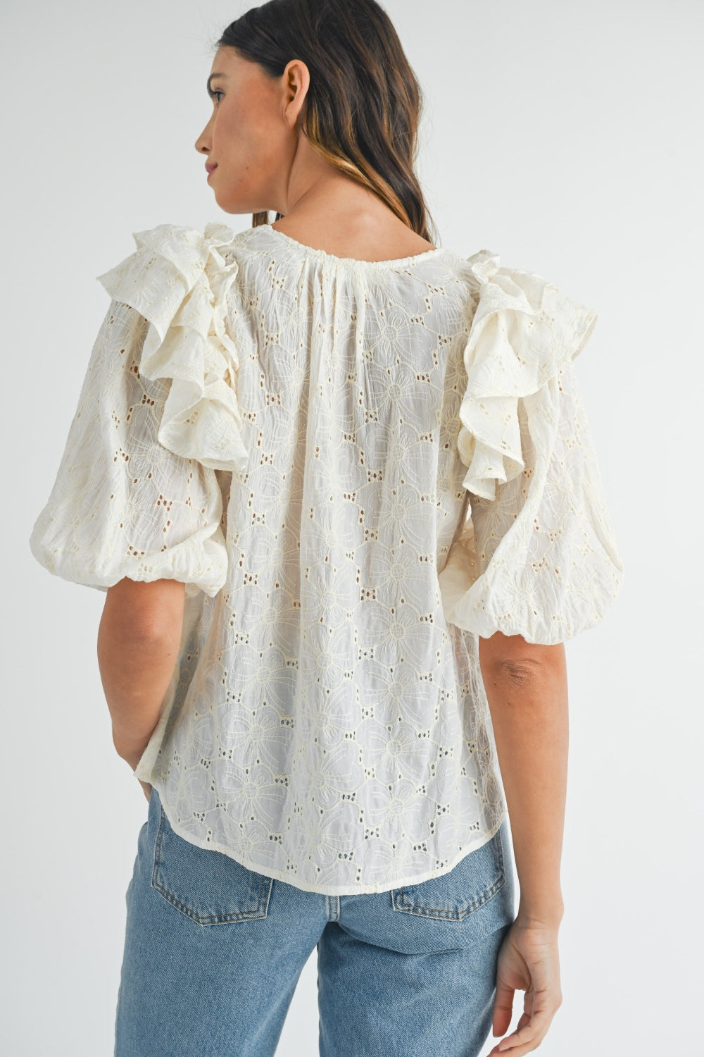 MABLE Eyelet Lace Ruffle Shoulder Puff Sleeve Blouse - Classique Collection