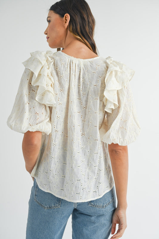 MABLE Eyelet Lace Ruffle Shoulder Puff Sleeve Blouse - Classique Collection