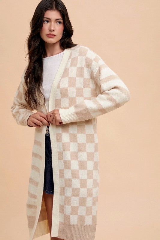 Annie Wear Checkered & Striped Open Front Long Sleeve Cardigan - ClassiQ