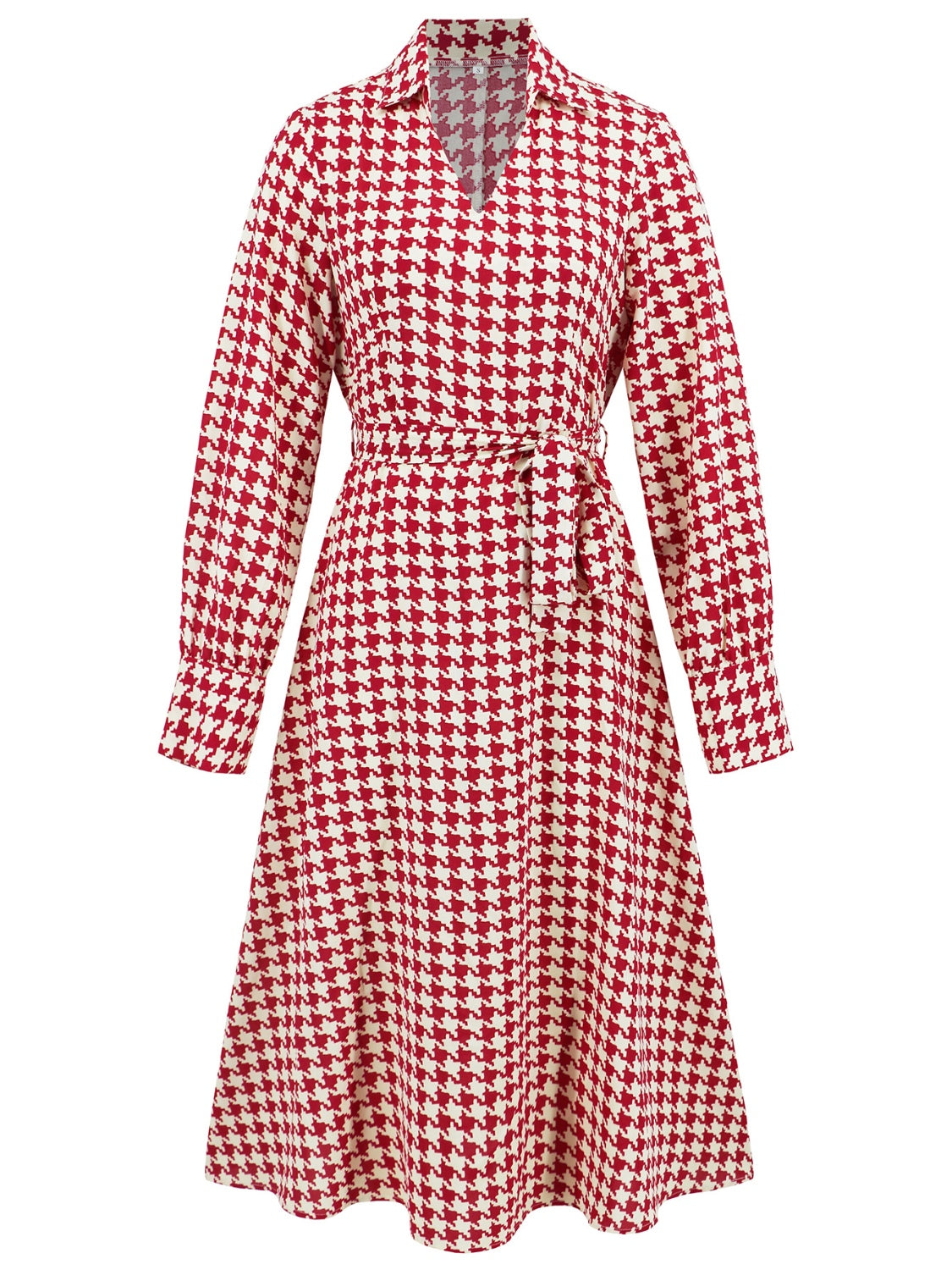 Tied Houndstooth Long Sleeve Midi Dress - Classique Collection