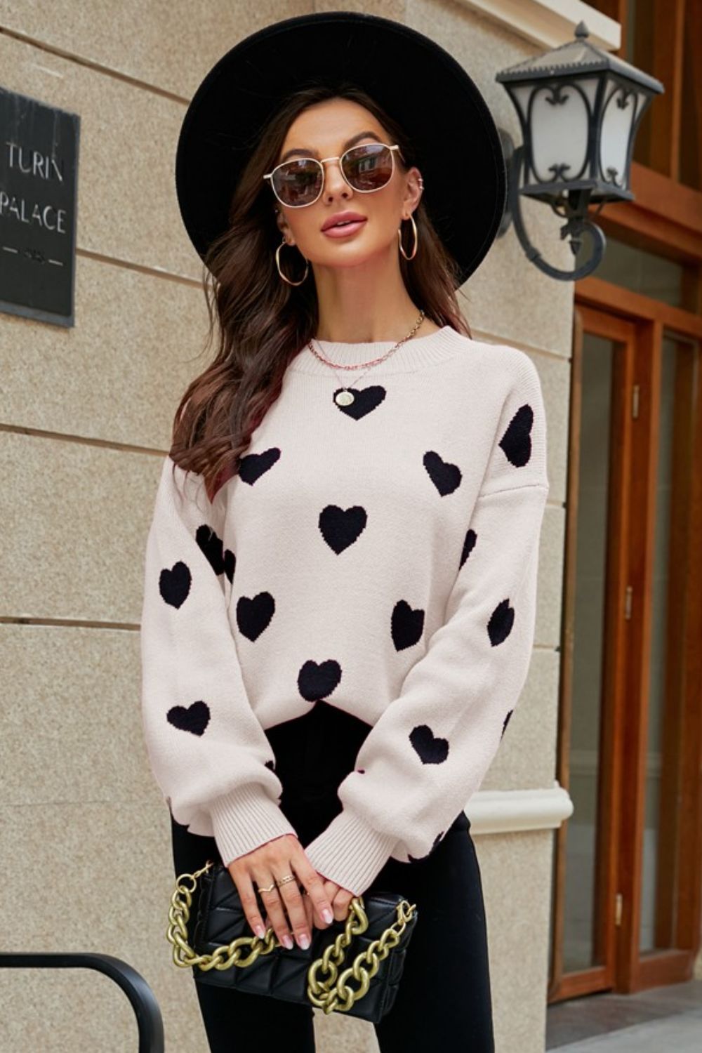 Woven Right Heart Pattern Lantern Sleeve Round Neck Tunic Sweater - ClassiQ