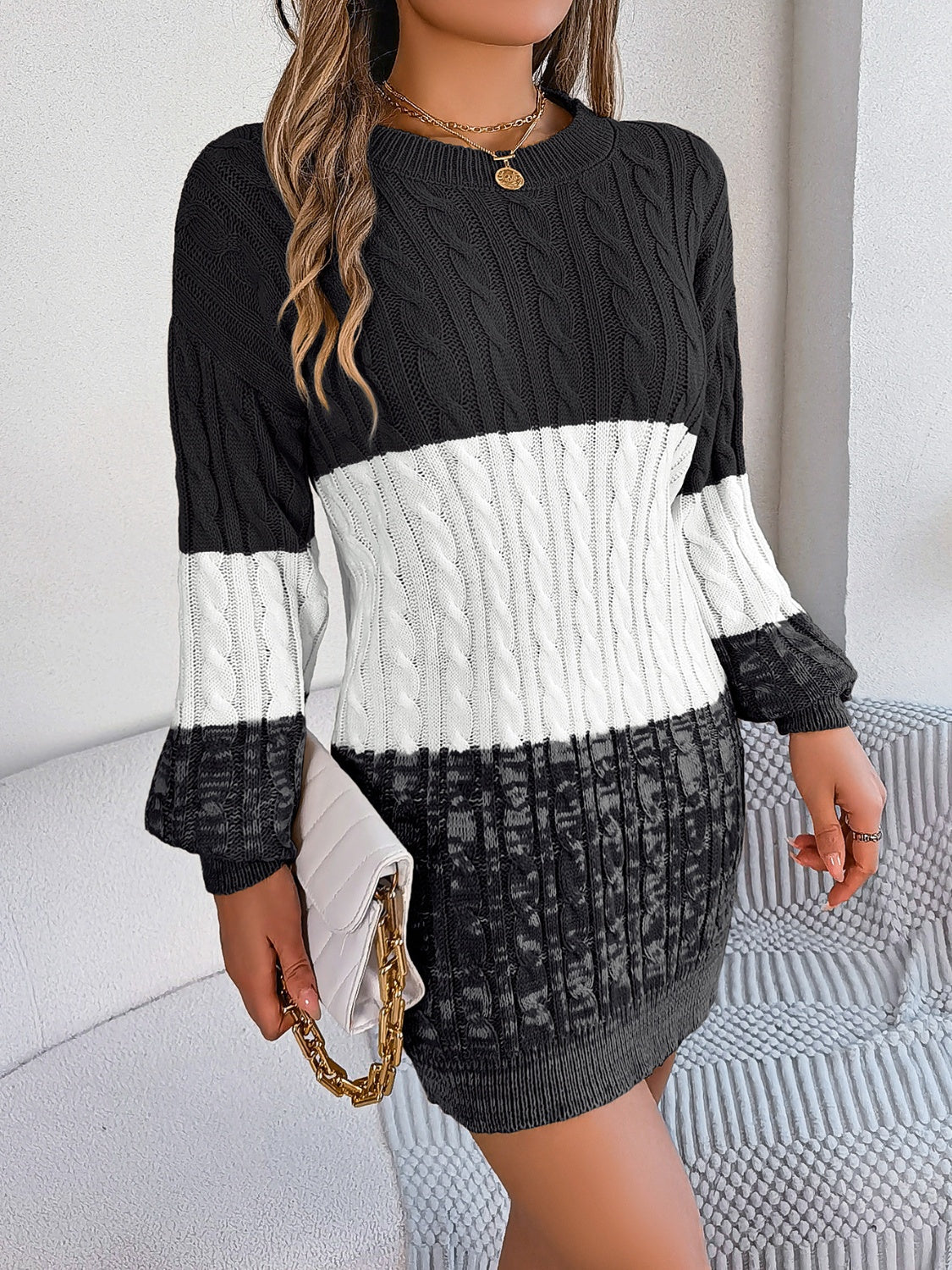 Cable-Knit Round Neck Color Block Sweater Dress - Classique Collection