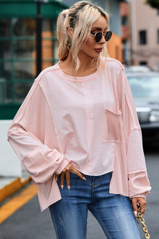 Exposed Seam Round Neck Top with Pocket - Classique Collection