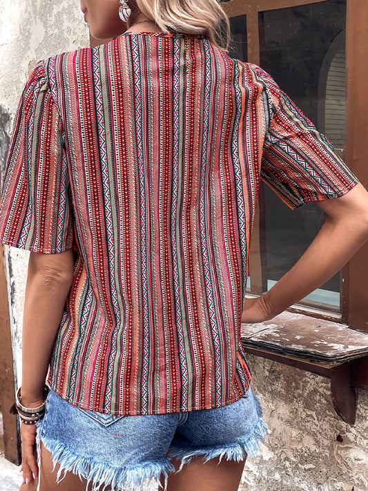 Shiny Printed V-Neck Button-Up Short Sleeve Top - Classique Collection