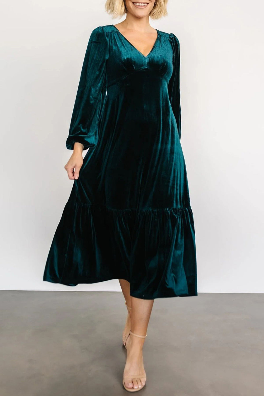V-Neck Long Sleeve Midi Velvet Dress - Classique Collection