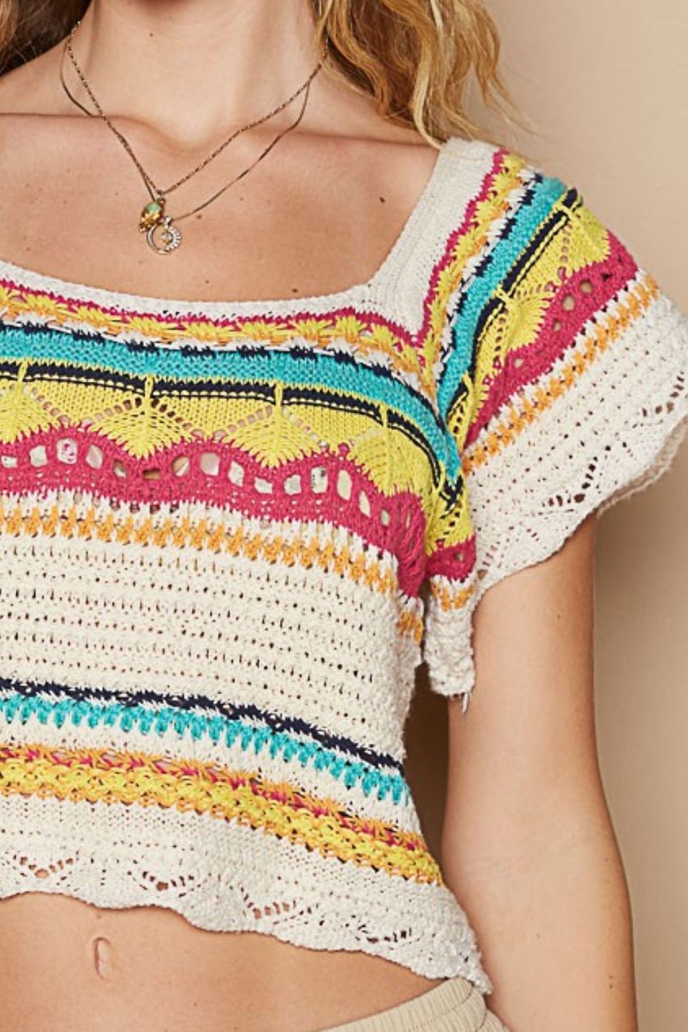 POL Openwork Ethnic Pattern Square Neck Cropped Knit Top - Classique Collection