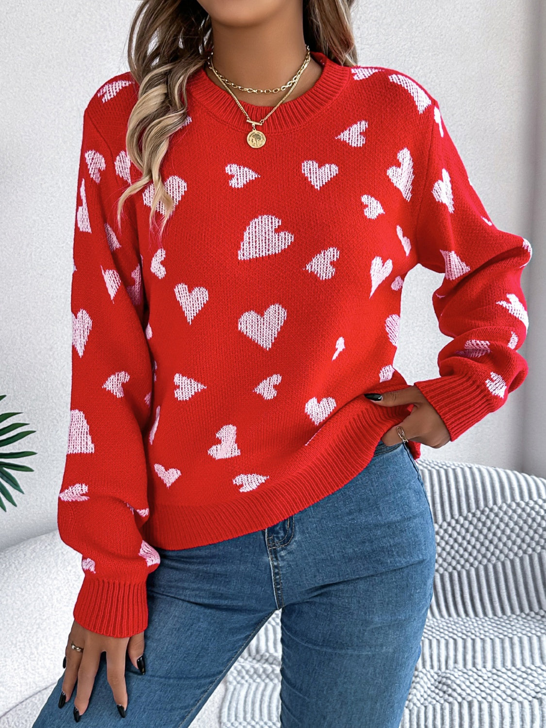 Heart Round Neck Long Sleeve Sweater - ClassiQ