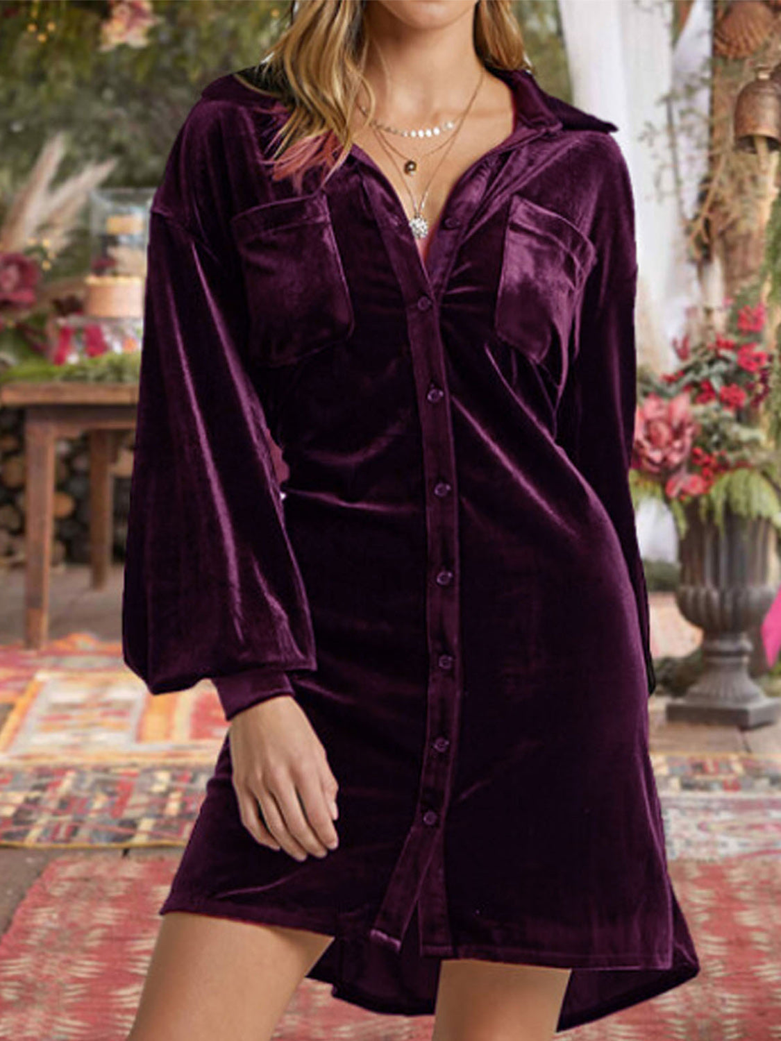 Collared Neck Button Down Long Sleeve Mini Dress - Classique Collection