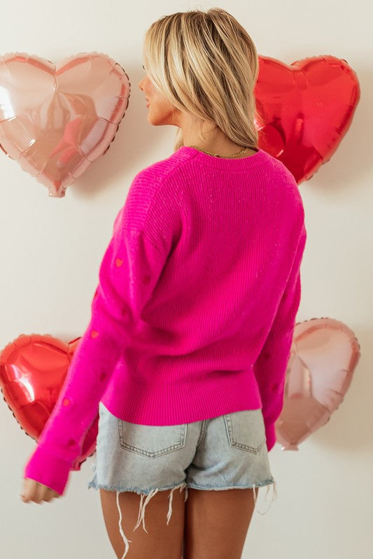 Red Heart Shape Drop Shoulder Round Neck Sweater - Classique Collection