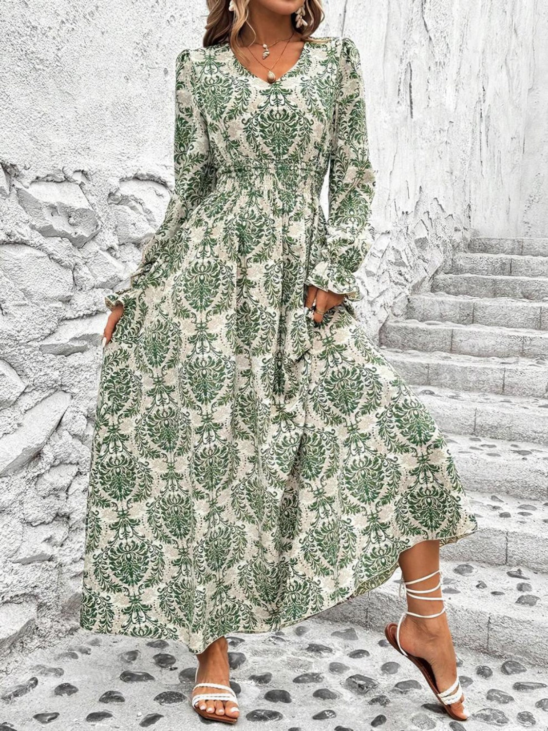 Smocked Printed V-Neck Flounce Sleeve Dress - Classique Collection