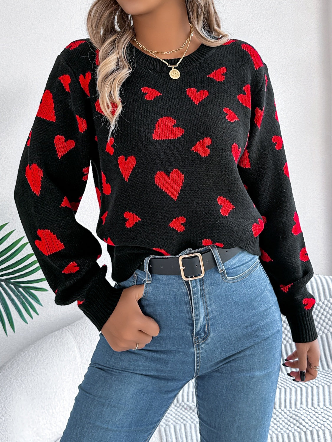Heart Round Neck Long Sleeve Sweater - ClassiQ