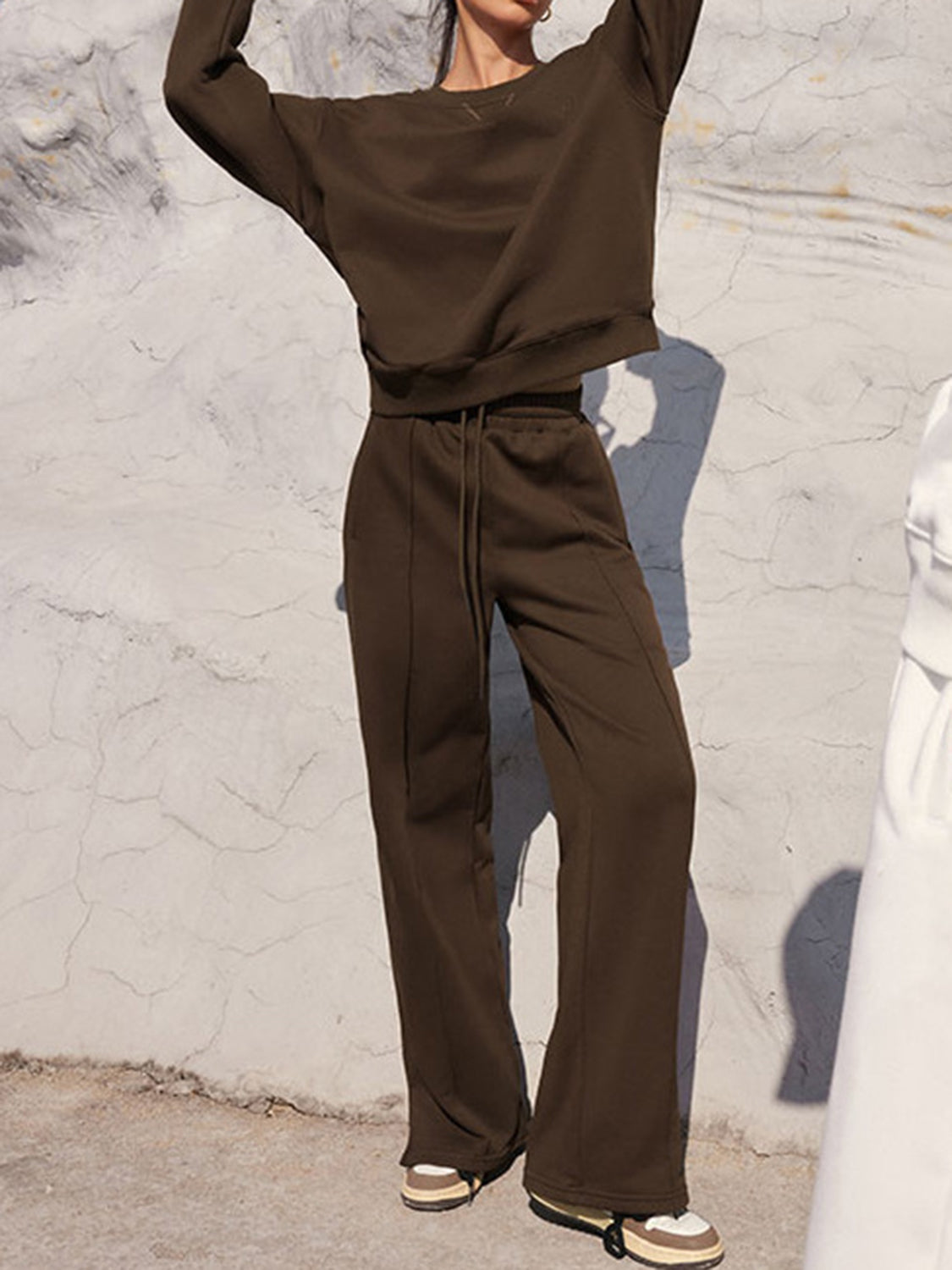 Round Neck Long Sleeve Top and Elastic Waist Pants Set - ClassiQ