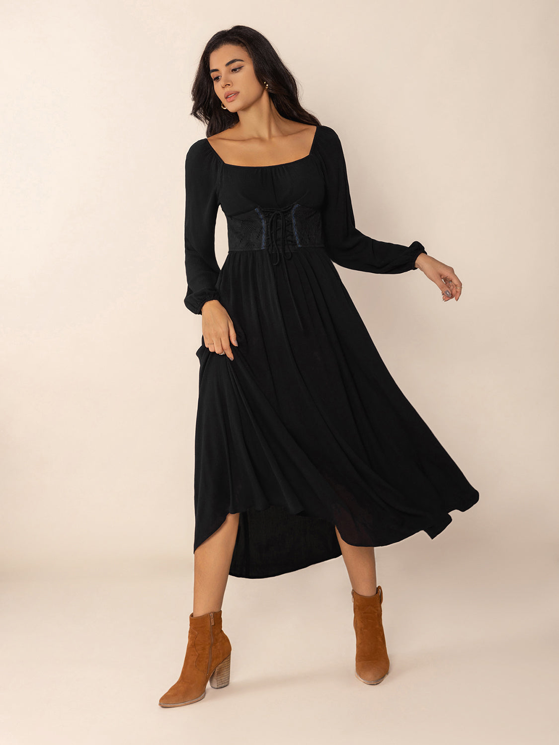 Lace-Up Square Neck Long Sleeve Midi Dress - Classique Collection