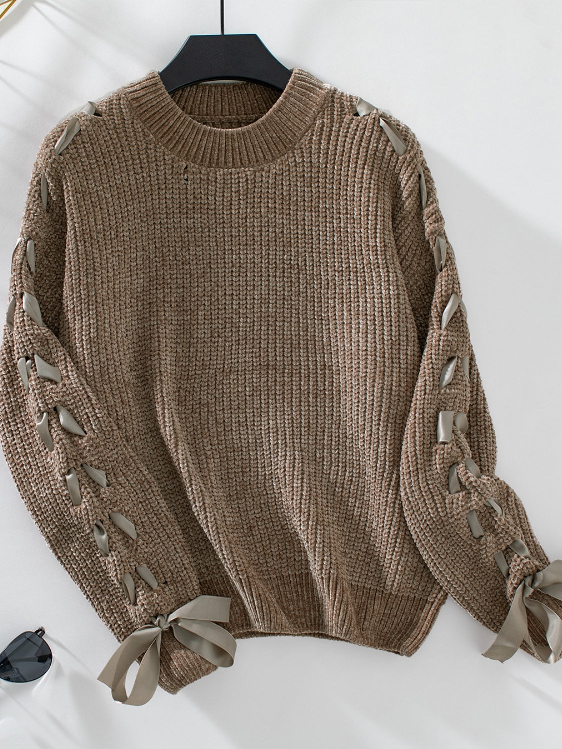 Lace Up Round Neck Long Sleeve Sweater - ClassiQ