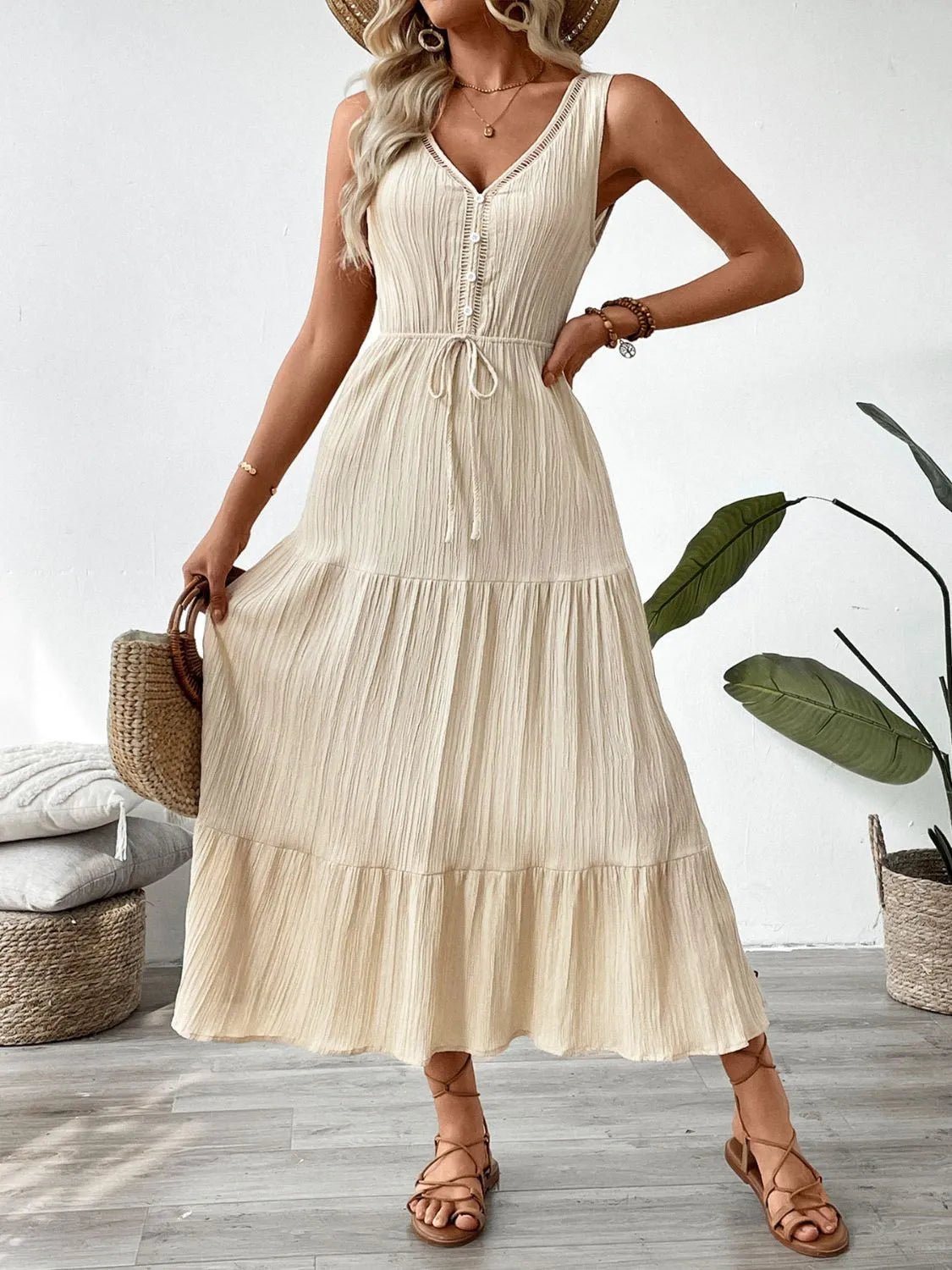Decorative Button V - Neck Sleeveless Midi Tank Dress