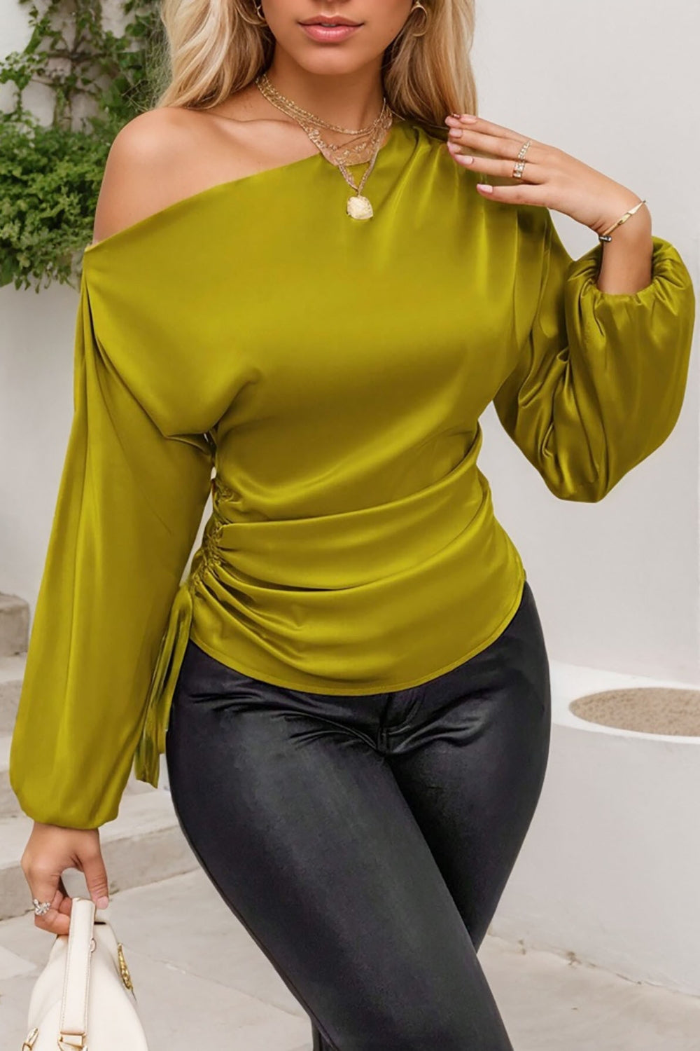 Drawstring One Shoulder Long Sleeve Blouse - Classique Collection