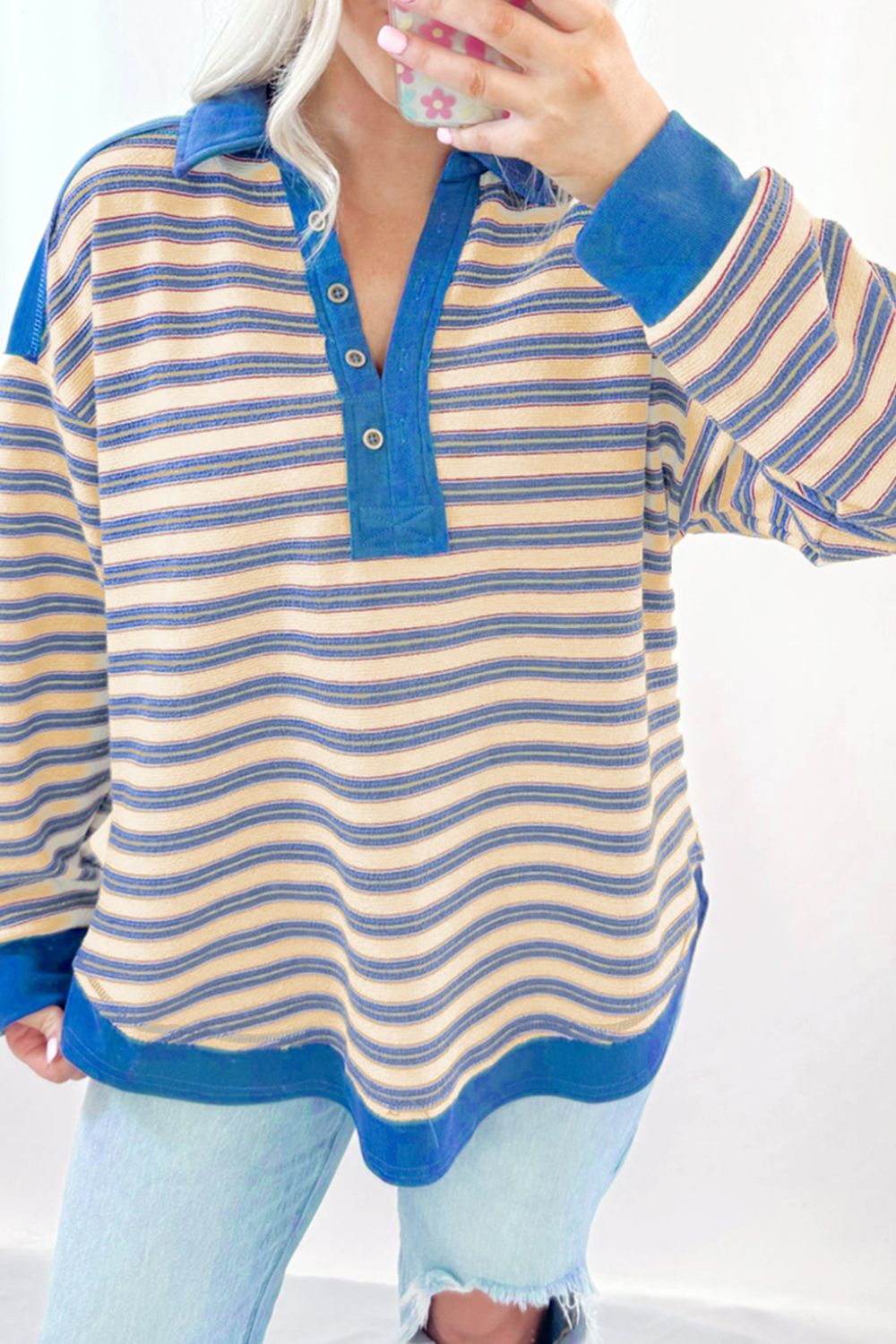 Striped Johnny Collar Long Sleeve Sweatshirt - Classique Collection