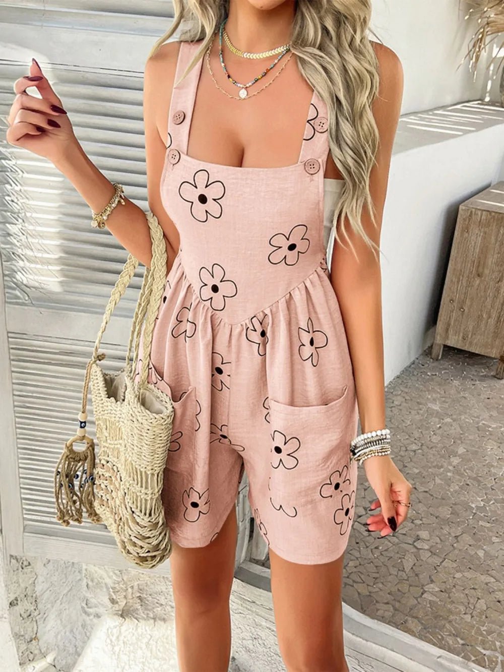 Devine Flower Wide Strap Overalls with Pockets