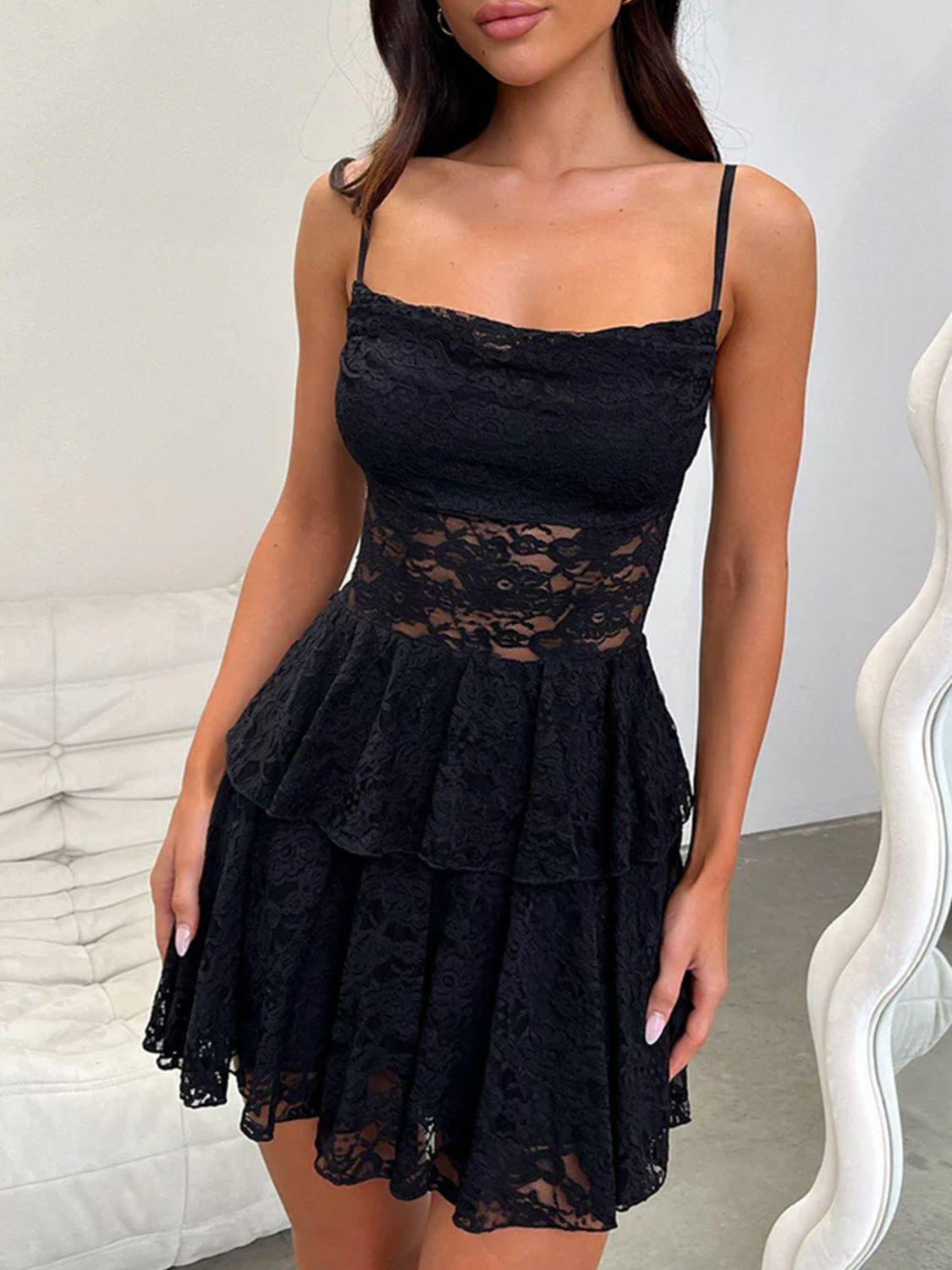 Devine Lace - Up Layered Lace Mini Cami Dress