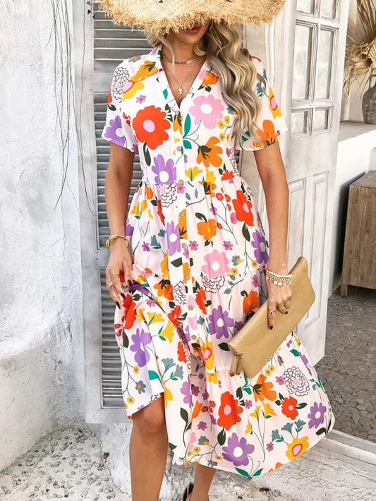 Devine Printed Johnny Collar Button Down Short Sleeve Midi Shirt Dress