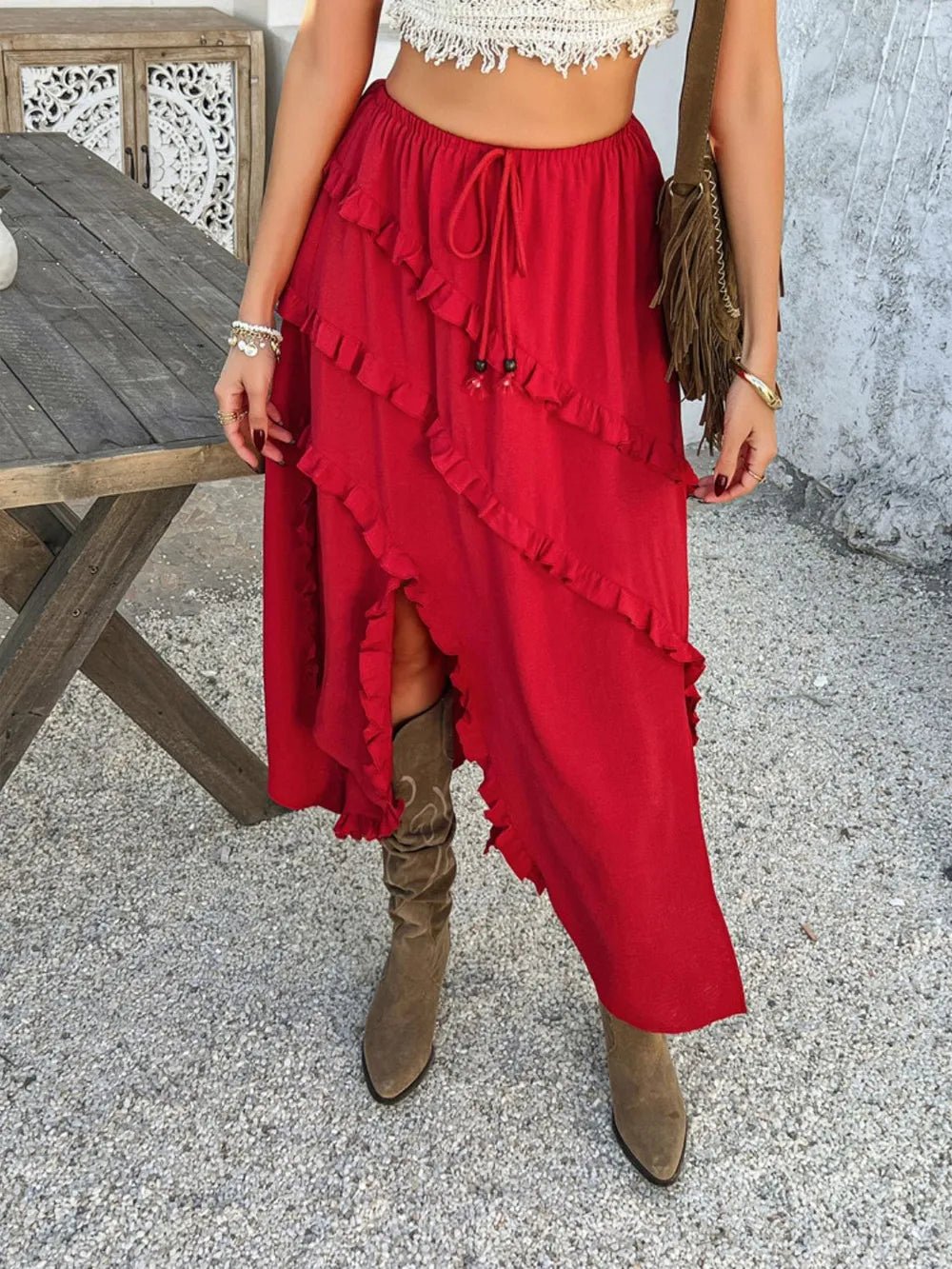 Devine Slit Drawstring Ruffled Skirt