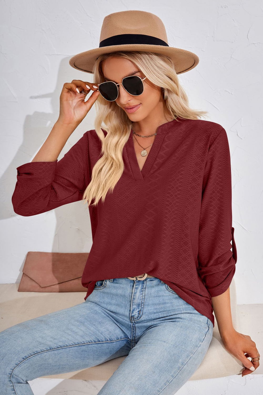 V-Neck Roll-Tap Sleeve Blouse - Classique Collection