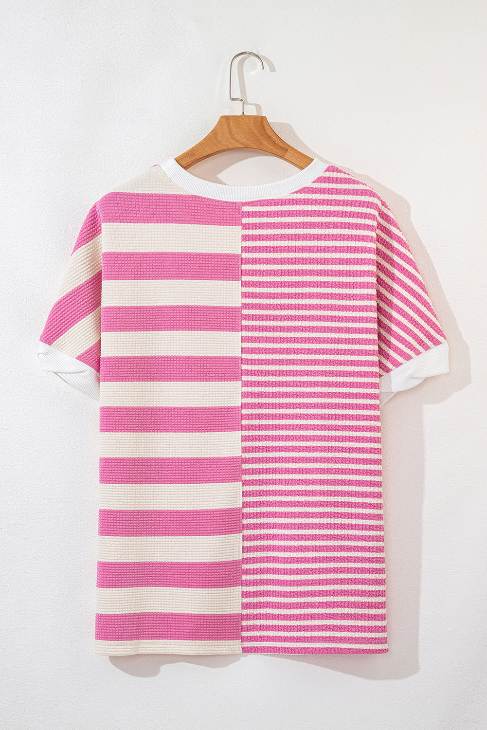 High-Low Striped Round Neck Short Sleeve T-Shirt - Classique Collection