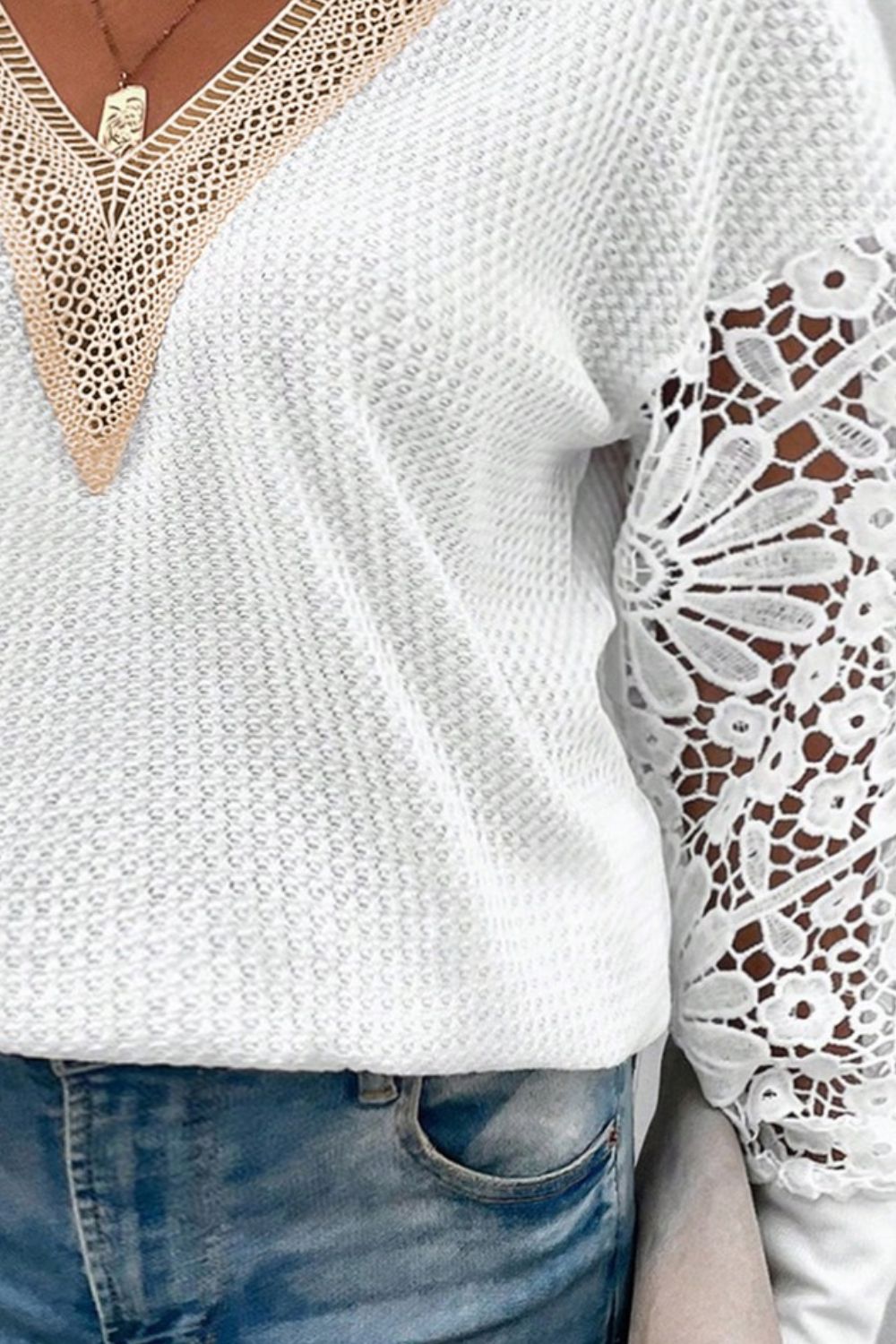 Plus Size Waffle-Knit Crochet V-Neck Blouse - Classique Collection