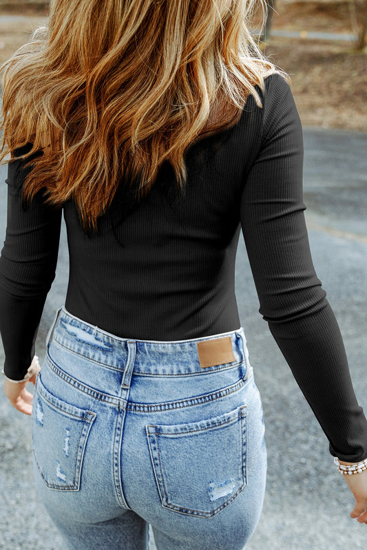 High Neck Long Sleeve Ribbed Top - Classique Collection