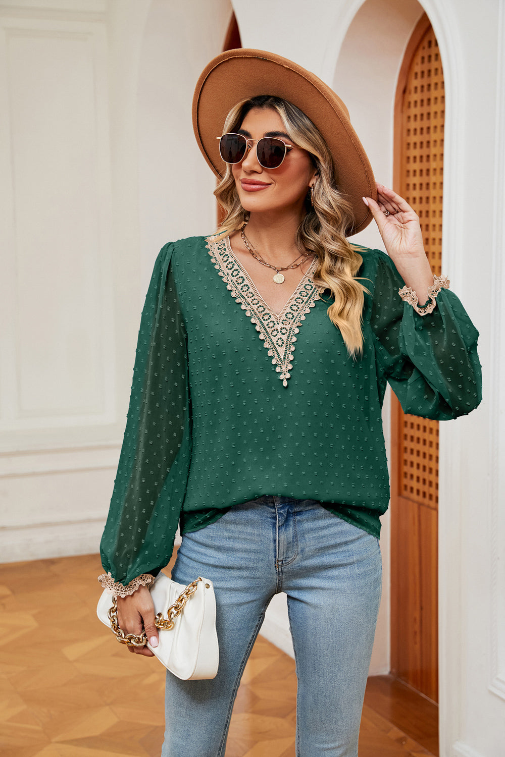 Swiss Dot Contrast V-Neck Blouse - ClassiQ