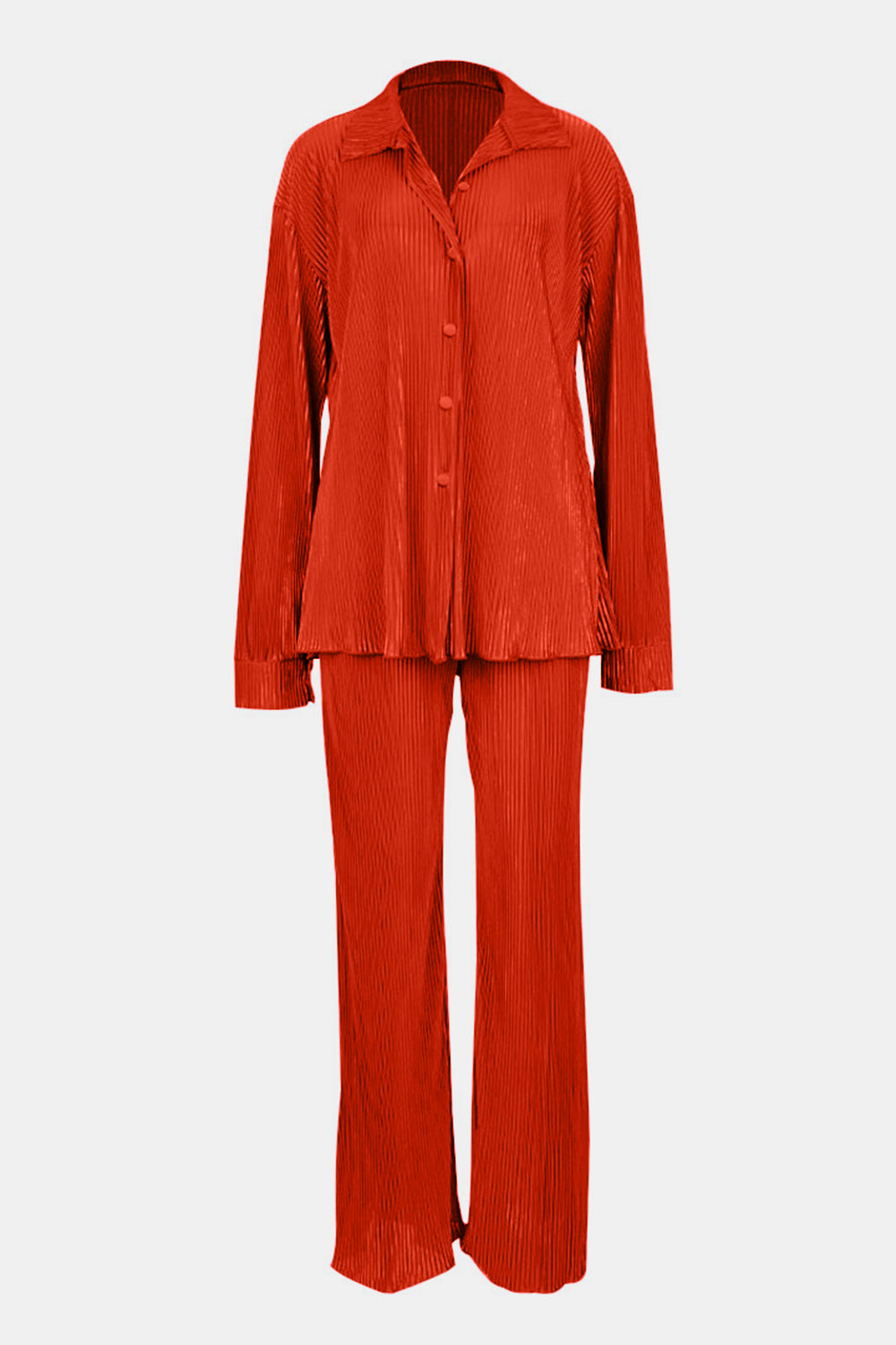 Textured Button Up Collared Neck Top and Pants Set - ClassiQ
