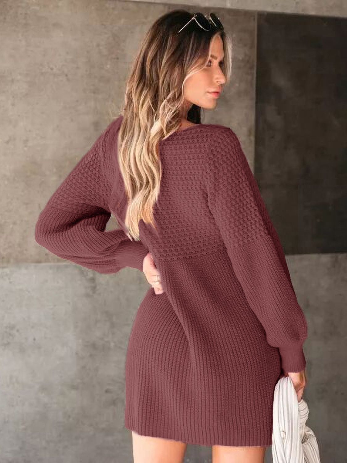 Perfee V-Neck Long Sleeve Sweater Dress - Classique Collection