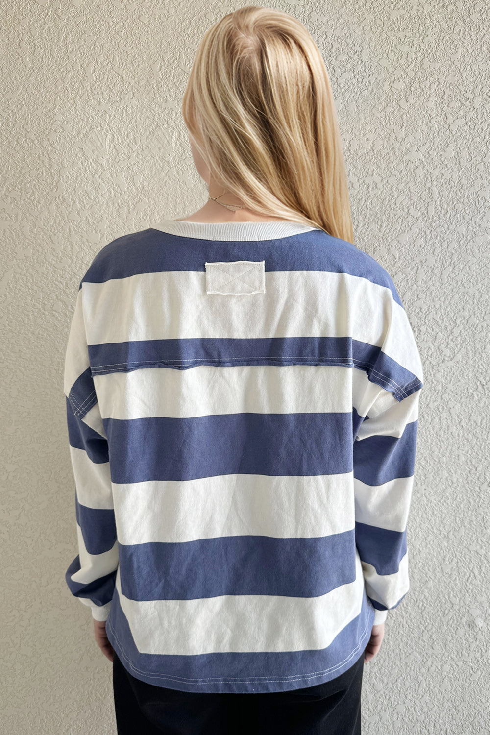 Oh Pima Cotton Wash Exposed Seam Contrast Striped Round Neck Long Sleeve T-Shirt - Classique Collection