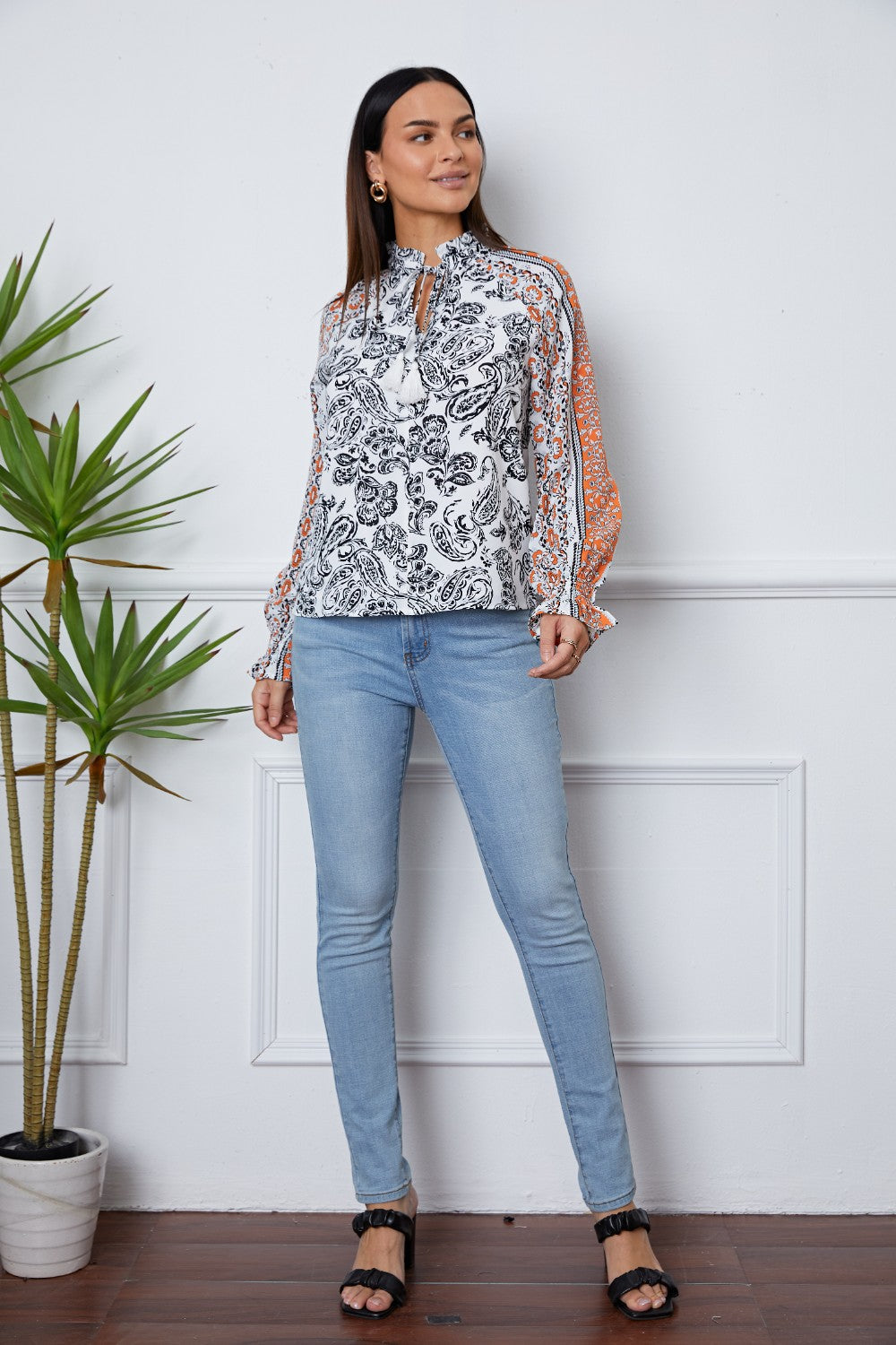 Tassel Tie Neck Printed Smocked Long Sleeve Blouse - ClassiQ