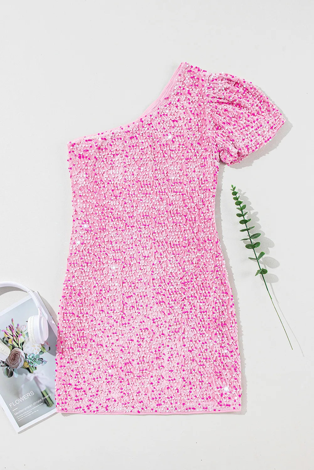 Sequin Single Shoulder Short Sleeve Mini Dress - Classique Collection
