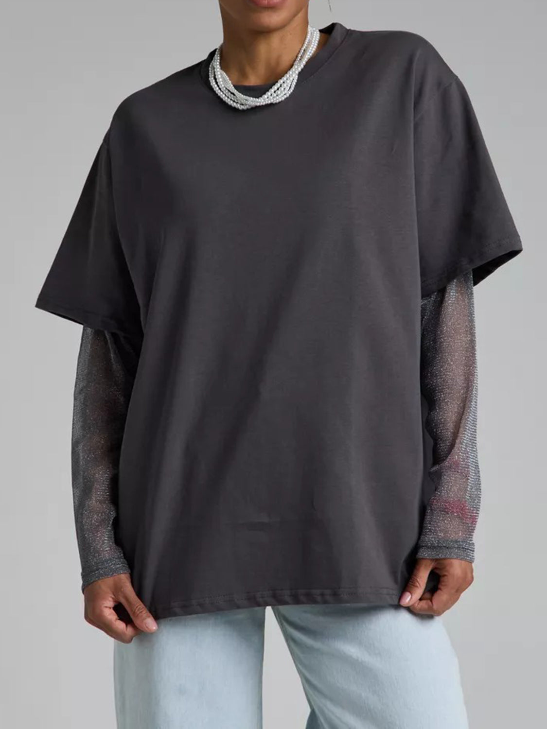 Faux Layered Round Neck Mesh Sleeve Top - Classique Collection