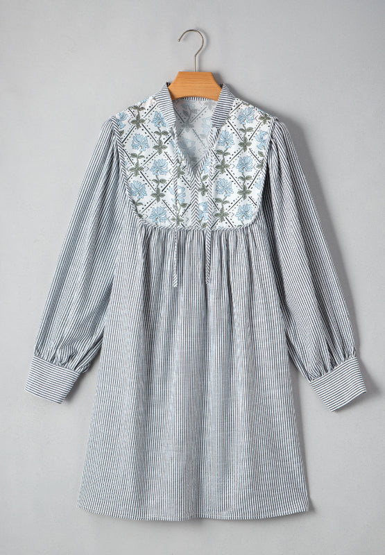 Tied Floral Printed Striped Long Sleeve Dress - Classique Collection