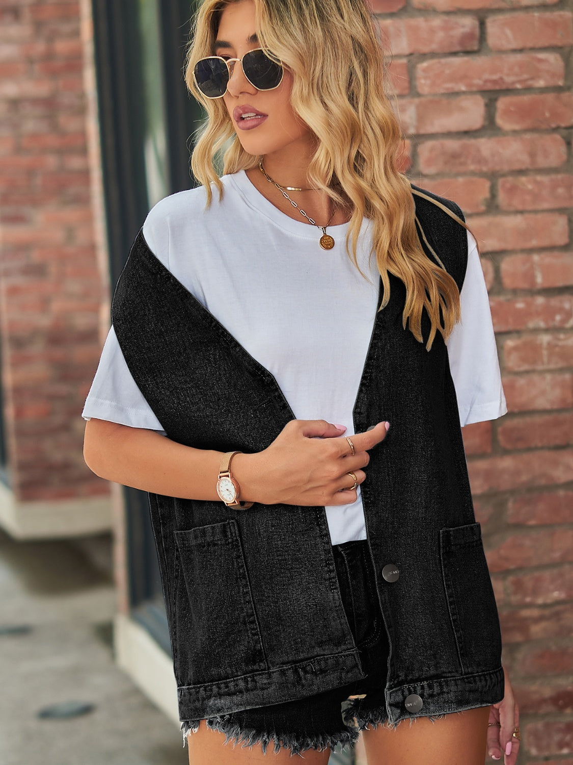 Full Size V-Neck Button Up Denim Vest - Classique Collection