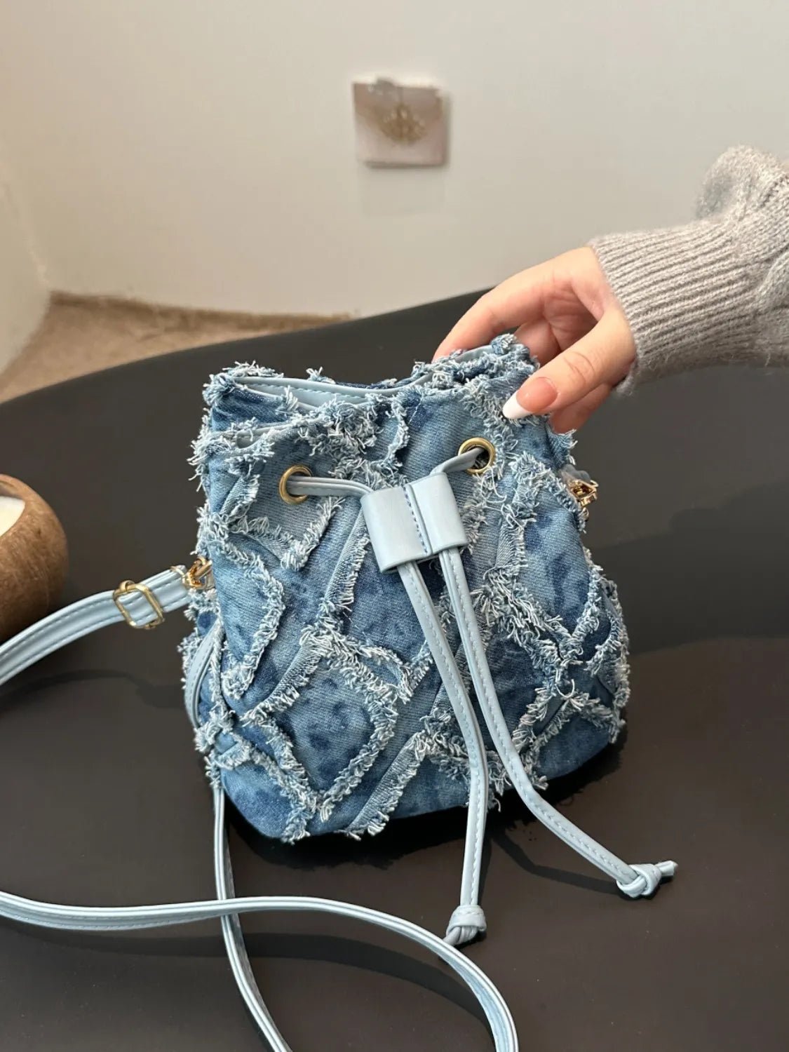 Drawstring Raw Hem Bucket BagBag