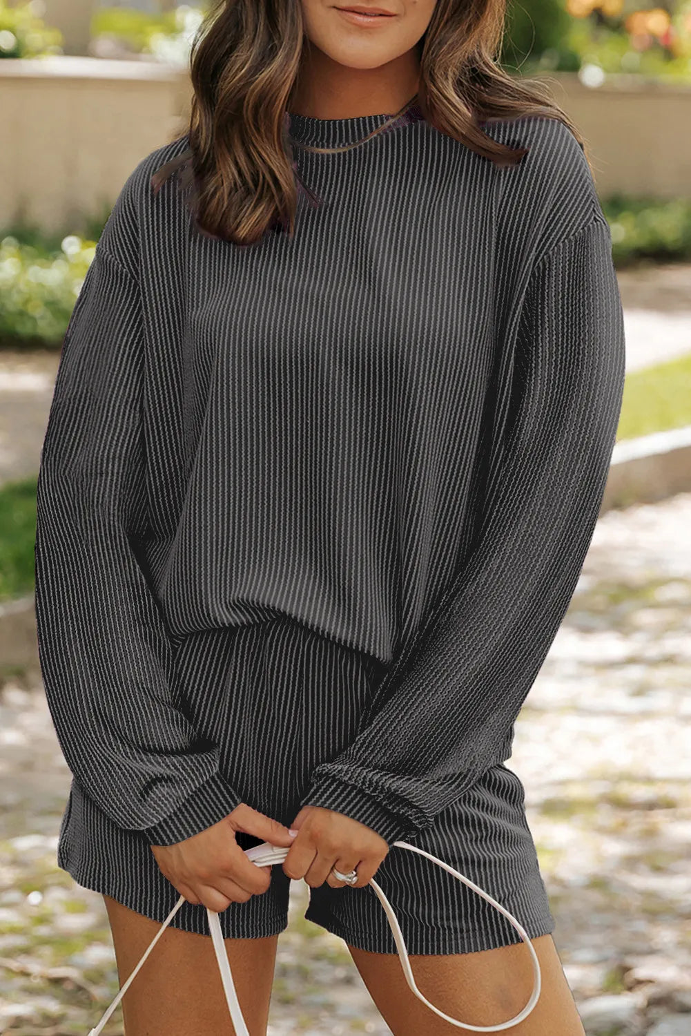 Round Neck Long Sleeve Top and Shorts Set - ClassiQ