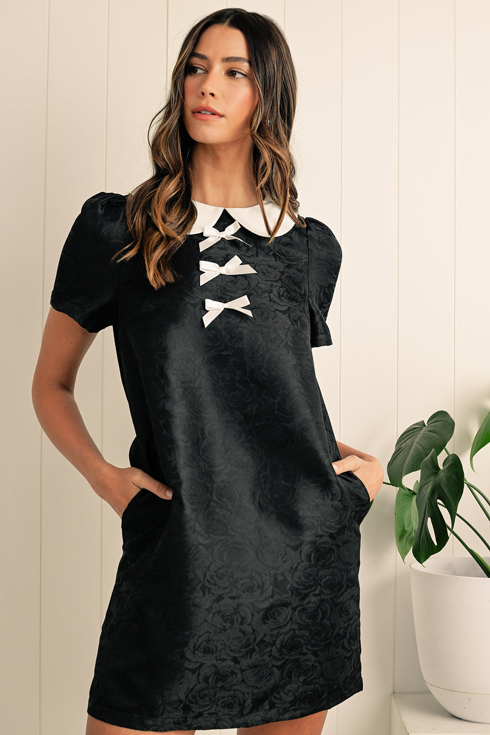Black Elegant Floral Bow Detail Puff Sleeve Mini Dress - ClassiQ