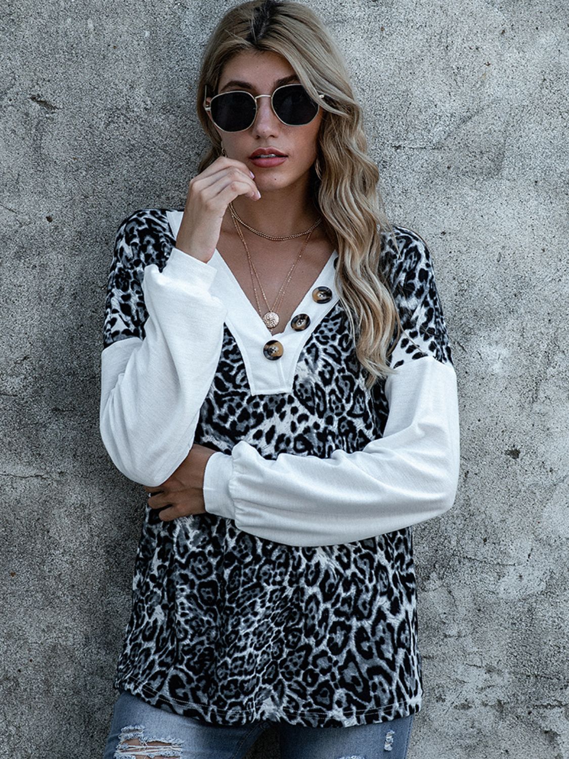 Shiny Leopard Decorative Button V-Neck Top - Classique Collection