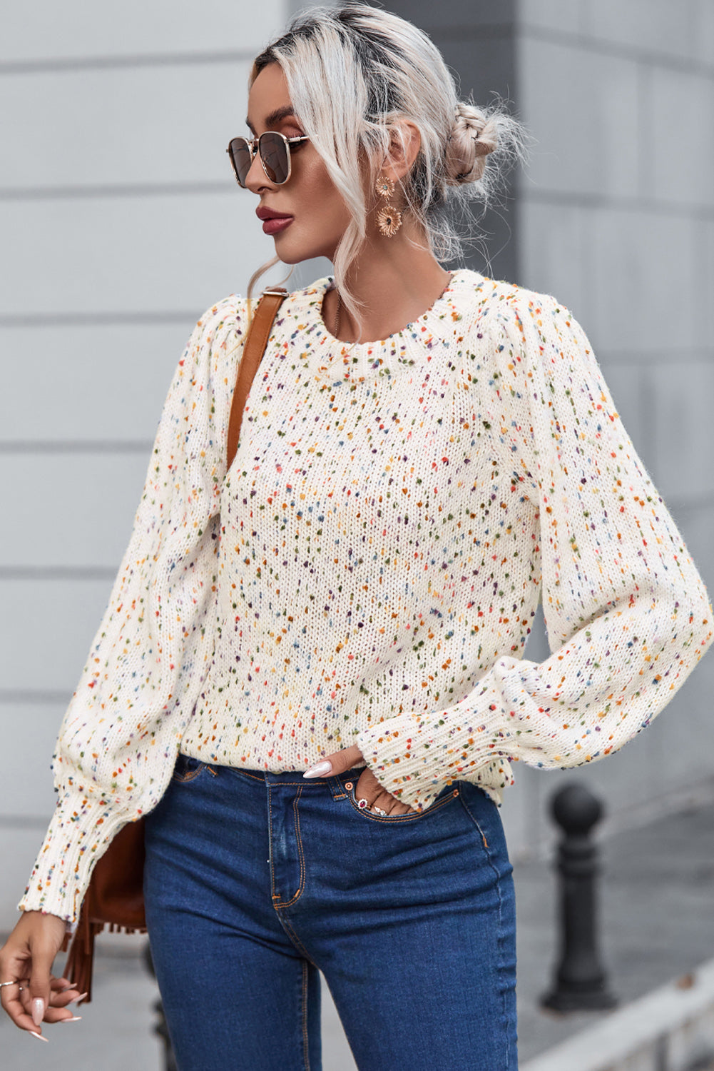 Heathered Round Neck Lantern Sleeve Sweater - ClassiQ