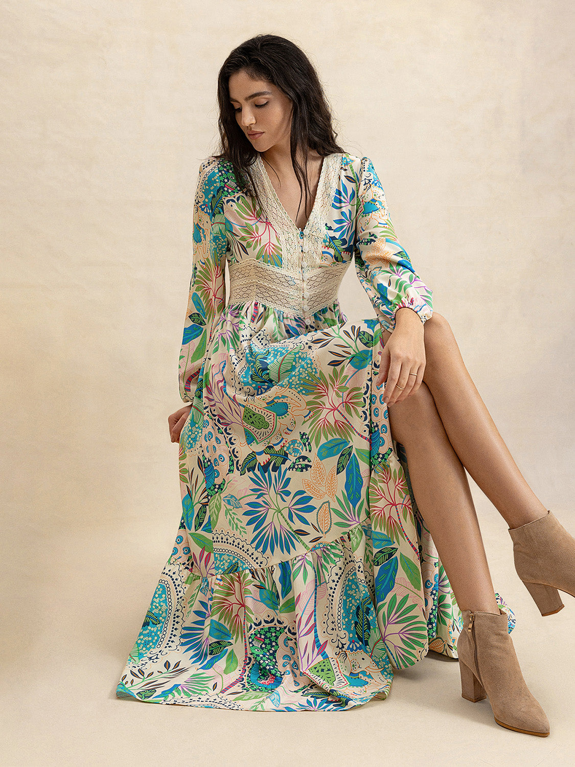 Slit Printed V-Neck Long Sleeve Midi Dress - Classique Collection