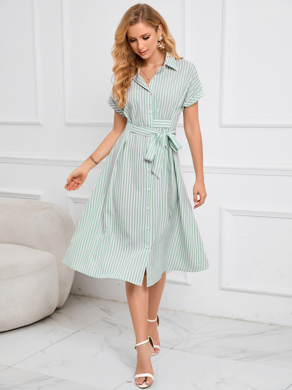 Striped Short Sleeve Tie Waist Midi Dress - Classique Collection